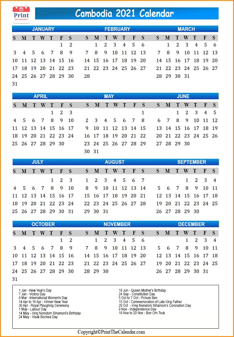 Cambodia Calendar 2021